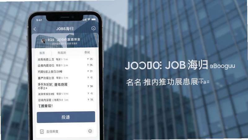 JOBS海归 名企内推功能展示图,画面为手机界面显示企业内推岗位详情与投递按钮,背景为现代写字楼玻璃幕墙虚化,色调偏蓝灰商务风,适配Boogu模型生成