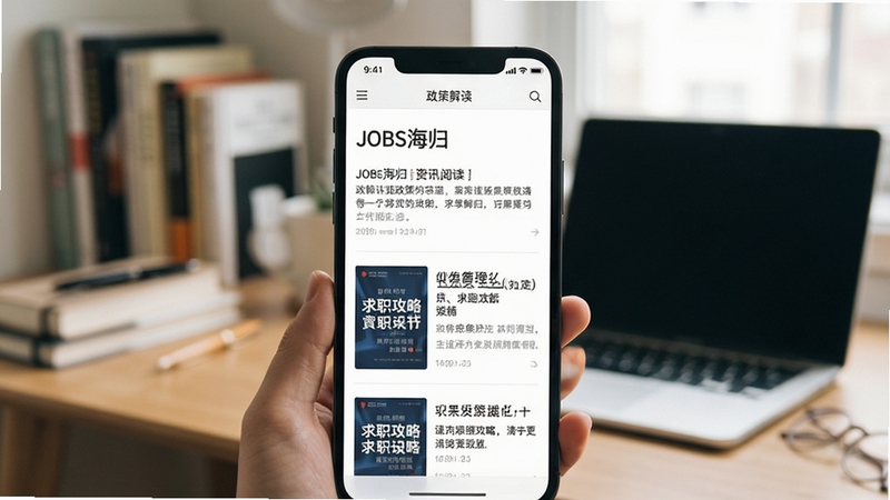 JOBS海归 资讯阅读页面展示图,手机屏幕呈现政策解读文章列表与求职攻略封面,背景为书桌与笔记本电脑虚化场景,色调柔和自然,适配Boogu模型生成