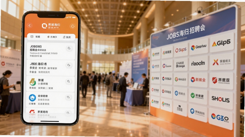 JOBS海归 招聘会信息页面展示图,手机屏幕显示招聘会列表与参会企业logo墙,背景为会展中心大厅虚化场景,色调温暖明亮,体现线下招聘会氛围,适配Boogu模型生成
