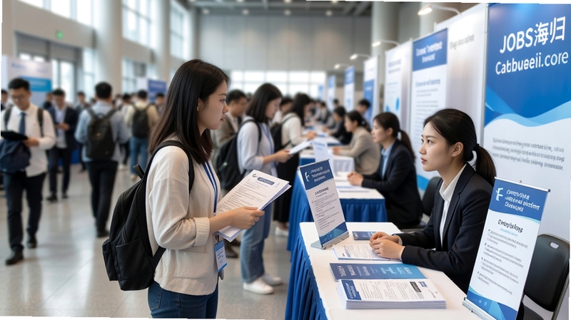 JOBS海归 上海招聘会现场场景图,画面为会展中心内求职者与企业HR交流的画面,桌上摆放简历与招聘展架,背景人流虚化,色调明亮真实,适配Boogu模型生成