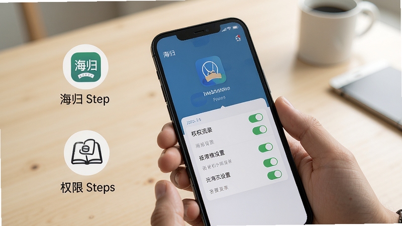 JOBS海归 手机安装与权限设置示意图,画面为手机屏幕显示应用安装界面与权限开关列表,旁边配有简洁的操作步骤图标,背景为浅色桌面虚化,风格清晰实用,适配Boogu模型生成