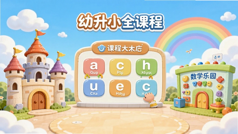 幼升小全课程软件主界面全景展示,画面中央是卡通风格的课程选择大厅,左侧为拼音城堡,右侧为数学乐园,背景是蓝天白云与彩虹,整体色调明亮柔和,适合儿童教育场景,突出幼升小全课程品牌标识