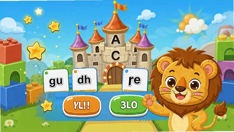 幼升小全课程拼音闯关界面,画面中一个卡通小狮子站在拼音城堡前,屏幕上显示声母卡片和拼读按钮,周围有星星评分特效,背景是彩色积木风格,突出幼升小全课程拼音学习场景