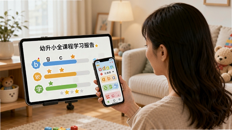 幼升小全课程学习报告页面,画面中一位家长手持手机查看彩色图表,图表显示拼音、数学、识字三项进度条与星星奖励,背景是柔和的家居环境,体现幼升小全课程家长管理功能