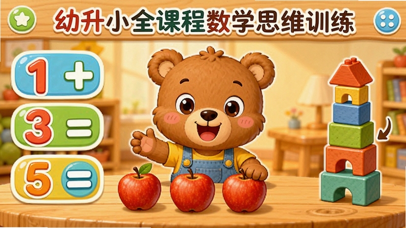 幼升小全课程数学思维训练界面,画面中央是卡通小熊在分苹果,左侧显示数字与加减符号,右侧有积木堆叠动画,背景为温馨的木质桌面风格,体现幼升小全课程数学启蒙功能