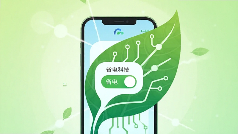 概念化插画,画面中央是一部手机与一片绿色叶子相互融合的图形,手机屏幕显示穿云科技的省电模式开关界面,叶子脉络化为电路线条延伸至手机内部,背景为浅绿色渐变与柔和光晕,整体传达低功耗与环保感,扁平矢量风格,色彩清新