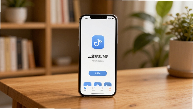 云藏搜索轻量运行场景图,一部手机放置在木质桌面上,屏幕显示应用启动后的简洁首页,背景有轻微虚化的书架与绿植,画面色调温暖,突出软件小巧快速的特点