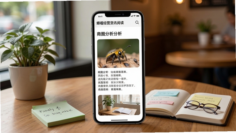 蜂喔经营资讯阅读页面,手机屏幕显示图文并茂的商圈分析文章,背景为温馨的咖啡馆内景,木质桌面上摆放绿植与便签本,光线柔和自然