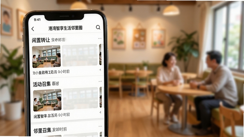 港湾智享生活邻里圈页面展示,手机屏幕呈现闲置转让与活动召集帖子列表,配有小尺寸实拍图与发布时间,背景为温馨的社区公共空间虚化场景,整体风格生活化,突出邻里互动氛围