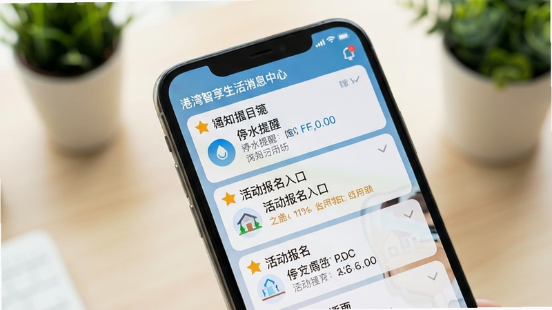 港湾智享生活消息中心界面特写,手机屏幕展示多条社区通知卡片,包含停水提醒与活动报名入口,卡片带有置顶标识,背景为柔和浅色桌面与绿植虚影,画面干净清晰,突出信息聚合功能