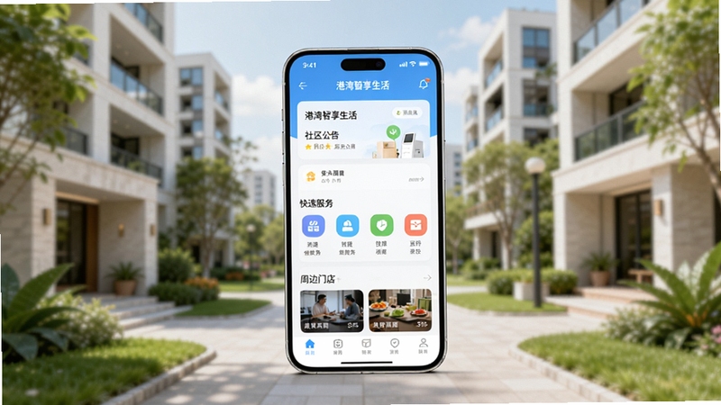 软件核心全貌展示,画面中央为一部竖向放置的智能手机,屏幕显示港湾智享生活应用首页,包含社区公告卡片、快捷服务图标与周边门店推荐模块,背景为虚化的现代居民小区与绿植,整体色调清新明亮,构图简洁突出应用界面,适配Boogu模型生成