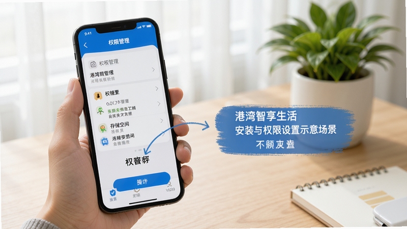 港湾智享生活安装与权限设置示意场景,画面为一只手操作手机进行权限授予,屏幕显示权限管理列表与存储空间提示,背景为简洁书桌与绿植,光线柔和,突出操作指引感