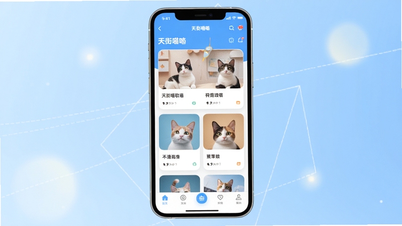 天街喵软件主界面全貌展示,画面中央为手机屏幕特写,屏幕内呈现天街喵应用首页的卡片式布局与底部导航栏,背景区域为浅蓝色渐变虚拟空间,四周点缀柔和光斑与几何线条,整体风格清新简洁,适配Boogu模型生成