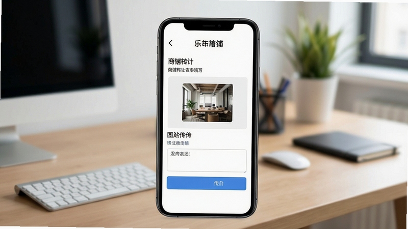 乐铺信息发布页面示意图,手机界面显示商铺转让表单填写状态,包含图片上传框与文字输入区,背景为简约办公桌面环境,体现发布流程清晰