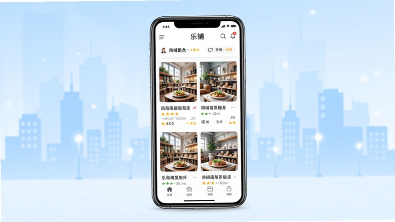乐铺应用主界面展示图,画面中央为手机屏幕显示乐铺APP首页商铺列表,背景为浅蓝色渐变城市街景剪影,整体风格清新简洁,突出商铺租赁服务主题