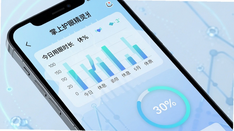 掌上护眼精灵用眼数据统计页面展示,手机屏幕中呈现柱状图与环形进度条,显示今日用眼时长和休息次数,背景为淡蓝色科技感渐变,画面清爽干净,突出数据可视化细节