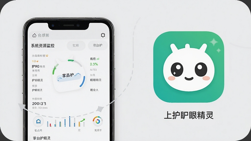 掌上护眼精灵后台轻量运行示意图,画面为手机系统资源监控界面与护眼精灵图标并列展示,背景为浅灰色极简风格,突出低占用与稳定运行特点
