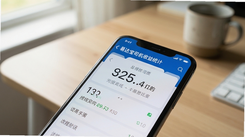 手机屏幕特写显示易达宝司机收益统计页面,数字清晰,背景为简洁桌面,柔和光线,写实摄影风格