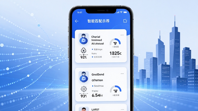 查理宝岗位智能匹配功能示意图,画面主体为手机界面中呈现的岗位卡片与匹配度标识,背景为数据流与城市楼宇剪影,色调以蓝白为主,体现智能推荐与求职场景的结合