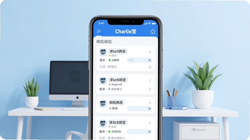 查理宝应用主界面展示图,画面中央为手机屏幕内的岗位列表与导航栏,背景为简洁的浅蓝色渐变工作场景,包含办公桌与绿植元素,整体风格清爽现代,突出求职招聘主题