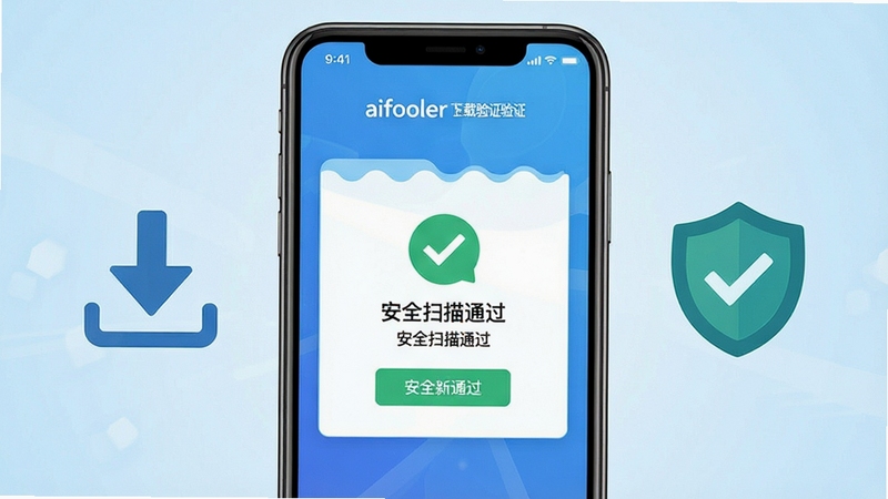 Aifooler 安全下载验证场景图,画面中央为手机屏幕显示安全扫描通过提示,左侧为下载箭头图标,右侧为盾牌勾选标识,背景为浅蓝色渐变,整体风格简洁明快