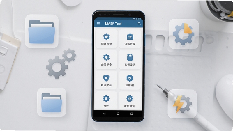 MASF Tool 软件主界面全貌展示,画面中央是一部竖屏安卓手机,屏幕内呈现简洁的工具功能网格布局,背景为浅灰渐变的工作台场景,周围点缀文件夹、齿轮、闪电等半透明图标元素,整体风格清爽现代,突出工具软件的实用气质