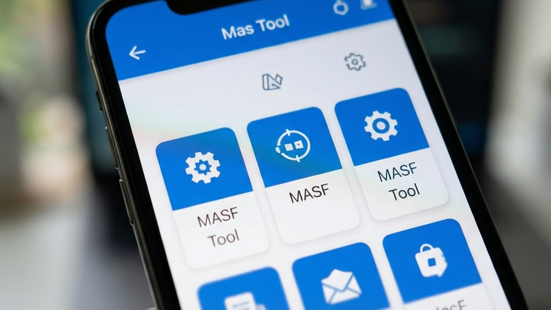 MASF Tool 功能面板特写,画面为手机屏幕放大视角,清晰展示卡片式工具图标排列,配色以蓝白为主,背景虚化处理,突出界面整洁与操作便捷