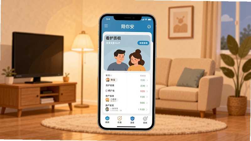 陪你安软件启动界面,简约居家安全主题,画面中央为手机屏幕展示陪你安APP首页看护面板,背景为温馨客厅环境,柔和暖光,扁平化插画风格,细节清晰,适合软件下载站配图