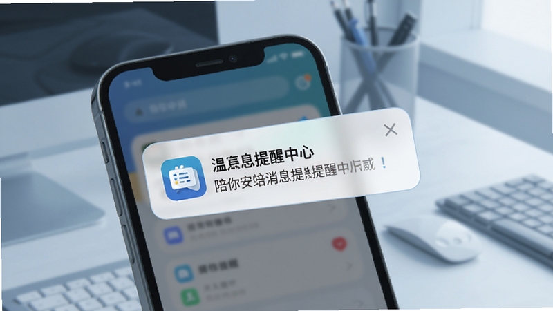陪你安消息提醒中心界面,手机弹出温和的异常提醒通知卡片,背景为办公室桌面一角,画面色调冷静专业,突出陪你安软件图标与通知内容,扁平化矢量风格