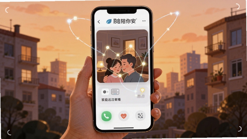陪你安远程关注功能展示,手机屏幕呈现远程查看界面,画面中有代表家庭连接的线条元素,背景为傍晚城市住宅楼轮廓,温暖色调,插画风格,画面包含陪你安软件名称