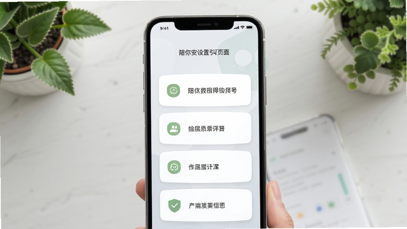 陪你安设置引导页面,手机屏幕显示分步引导卡片,图标简洁,背景为浅灰渐变与绿植点缀,整体风格清新素雅,画面体现陪你安软件界面细节