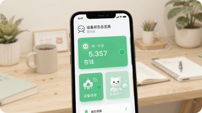 陪你安APP设备状态总览界面,手机屏幕显示多个设备状态卡片,绿色在线标识清晰,背景为浅色居家书桌场景,UI设计简洁现代,插画风格,突出陪你安软件名称