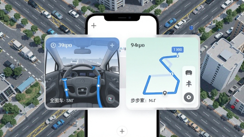 高阶地图导航应用界面展示多模式路线规划功能,画面主体为手机屏幕上的驾车与步行路线对比卡片,背景为城市道路俯视图,整体风格清爽明亮,细节包含路线线条与时间标签