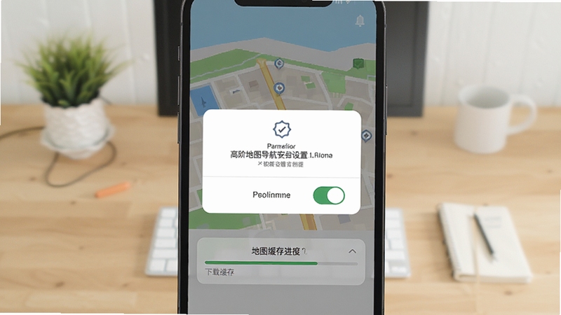 高阶地图导航安装设置引导界面,画面主体为手机屏幕上的权限授权弹窗与地图缓存进度条,背景为简洁的桌面环境,风格扁平化,细节包含权限开关与下载进度元素