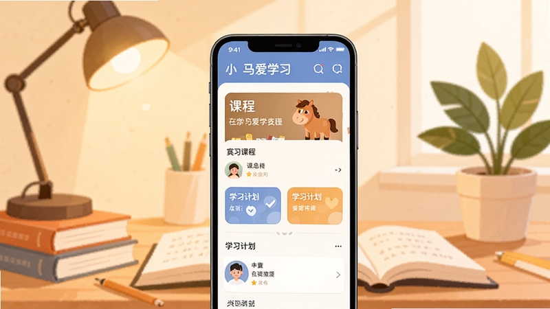 小马爱学软件主界面全貌展示,画面中央为手机屏幕呈现课程列表与学习计划卡片,背景为柔和的书桌场景,有书本、台灯与绿植点缀,整体色调温暖明亮,扁平化插画风格,突出在线学习氛围