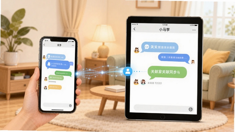 小马爱学消息同步与家长关联功能示意,画面中有手机和平板两个设备屏幕相互连接,界面显示消息气泡与关联图标,背景为家庭客厅场景,插画风格柔和亲切