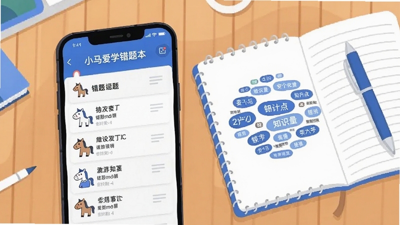小马爱学错题本页面展示,画面主体为手机界面呈现错题列表与知识点标签云,旁边有笔记本和笔的桌面元素,配色以蓝白为主,简洁清爽的扁平插画风格
