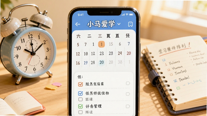 小马爱学学习计划界面,手机屏幕显示日历视图与任务勾选列表,背景有闹钟和计划本元素,画面风格温馨明亮,体现时间管理与学习陪伴主题