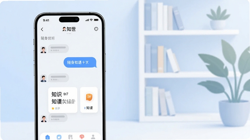 整体画面采用现代简约风格,以浅蓝与白色为主色调,画面中央偏左位置放置一部智能手机,屏幕显示知世应用主界面,界面内有对话气泡和知识卡片元素,背景右侧区域为柔和的书架与绿植剪影,整体氛围轻松明快,突出知世作为随身知识伴侣的产品气质