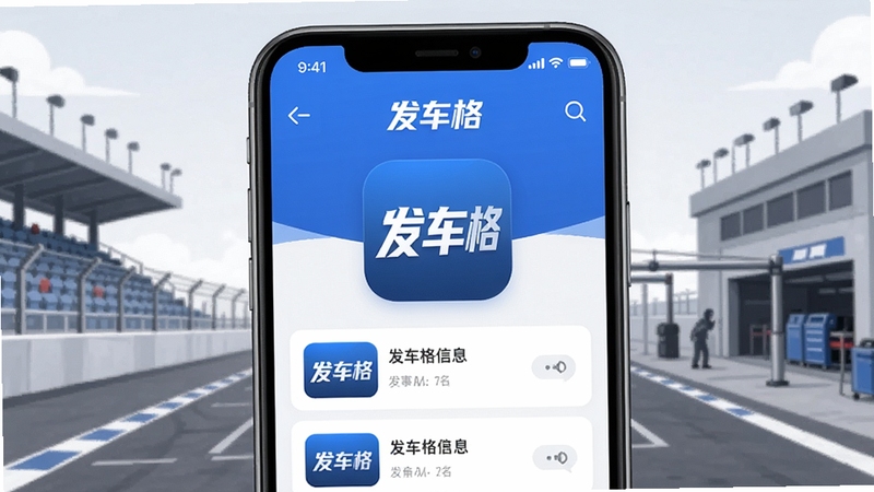 整体画面展现一款名为发车格的赛车资讯手机应用界面全貌,画面主体位于正中央,背景为赛道看台与维修区轮廓,风格简洁现代,蓝灰主色调,突出应用图标与首屏信息流布局