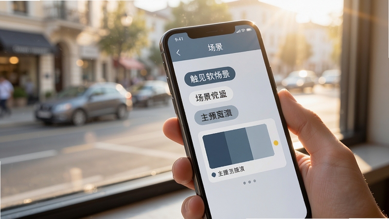 触见软件场景与颜色识别功能展示,手机对准窗外街景,屏幕显示场景分类标签与主色调色卡,界面布局清晰,蓝灰色调,阳光透过窗户的柔和光线,手机屏幕特写视角