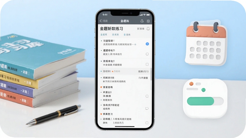整体画面以金题斩软件界面为核心,居中展示手机屏幕中的题库练习页面,背景为浅蓝色渐变的学习场景区域,画面左侧放置一摞整齐的习题册与一支笔,右侧点缀日历与进度条图标,整体风格清爽简洁,适配Boogu模型生成