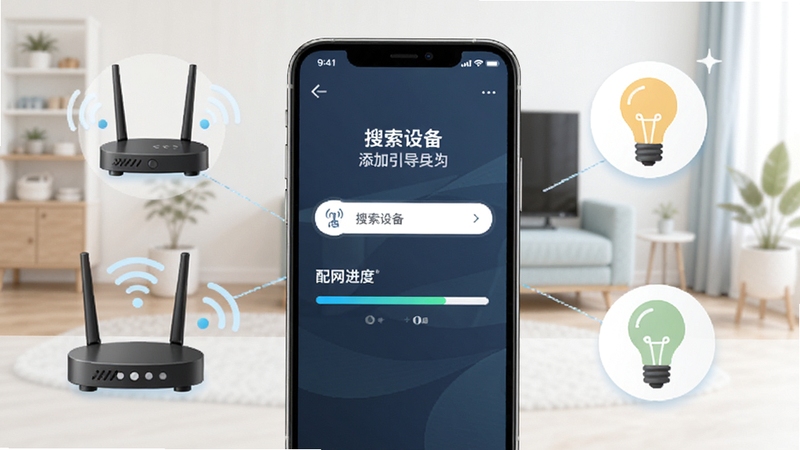 画面展示探慧家移动端设备添加引导页面,手机屏幕显示搜索设备与配网进度条,背景为家庭网络环境示意,路由器与智能灯泡图标环绕手机,整体色调清爽,突出新手配置引导场景