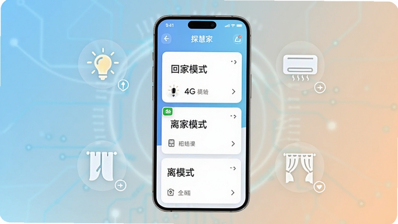 画面呈现探慧家场景联动设置界面,手机屏幕显示回家模式与离家模式的卡片列表,周围点缀灯光图标、空调图标与窗帘图标,背景为浅色科技感渐变,整体风格简洁明快,突出场景自定义功能,适合功能展示配图