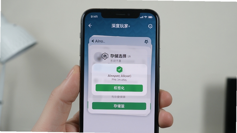 深度玩家安装设置示意图,手机屏幕显示权限允许弹窗与存储选择界面,背景简洁,主体居中,细节清晰