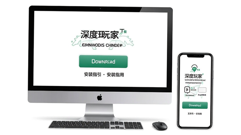 深度玩家下载页面示意图,电脑与手机双端展示下载按钮与安装指引,背景干净,主体居中,细节清晰
