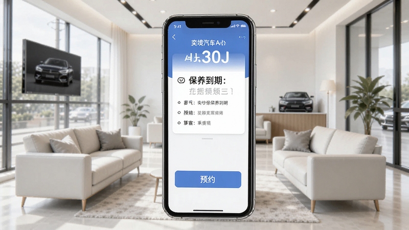奕境汽车APP保养提醒页面,手机屏幕显示保养到期提示与预约按钮,背景为汽车服务中心休息区,明亮简洁,商务风格