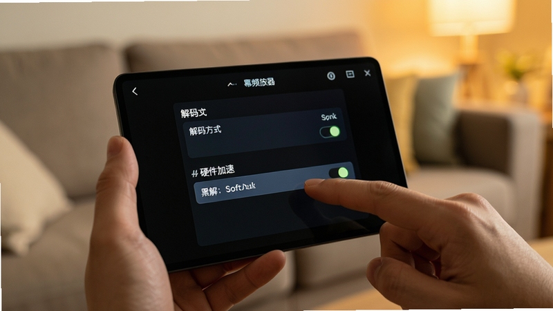幂频播放器设置界面手持特写,屏幕显示解码方式切换与硬件加速开关选项,手指正点击软解选项,背景为居家沙发环境虚化,暖色调灯光,画面突出设置操作细节与解决黑屏问题的场景
