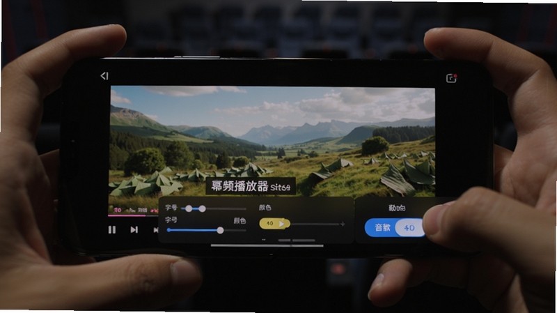 幂频播放器视频播放界面特写,画面中正在播放一部风景纪录片,底部悬浮字幕设置面板展开,可调节字号与颜色,右侧音轨切换按钮高亮,手机横屏握持视角,背景为深色影院氛围,光影柔和,突出字幕与音轨调节功能