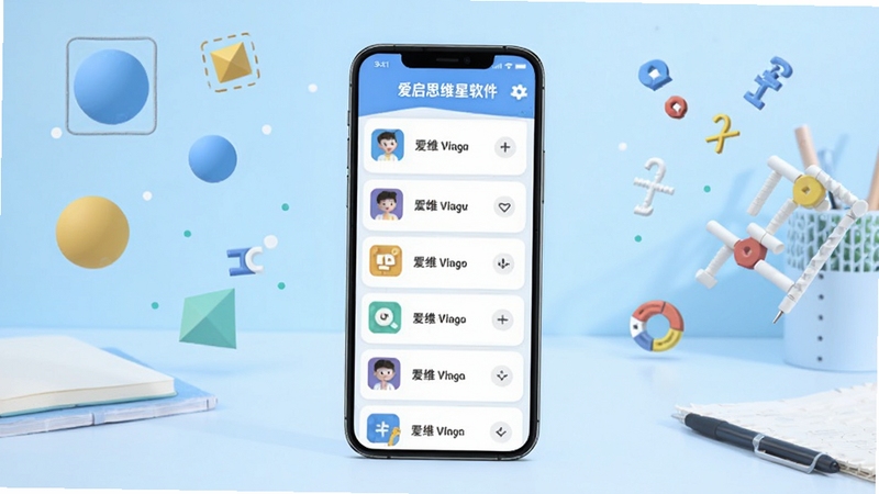 爱启思维星软件主界面全貌展示,画面中央为手机屏幕中的思维训练关卡列表,背景为浅蓝色渐变的学习桌面环境,周围点缀几何图形与逻辑符号元素,整体风格清新简洁,适配Boogu模型生成